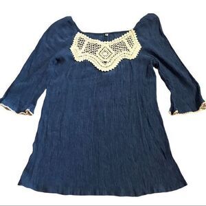 Women's Blouse Top 3/4 Sleeve Crochet Lace Scoop Neck Blue Cream‎ Medium